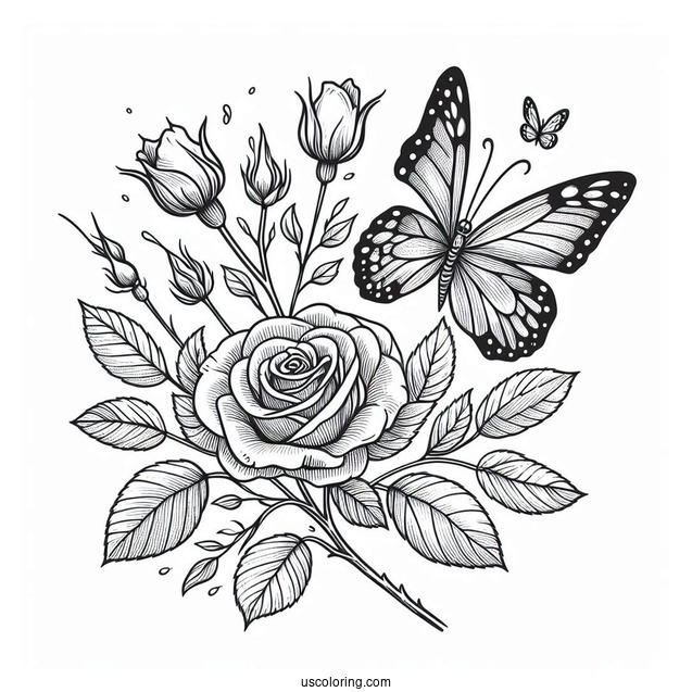 Butterfly Resting On Rose Stem