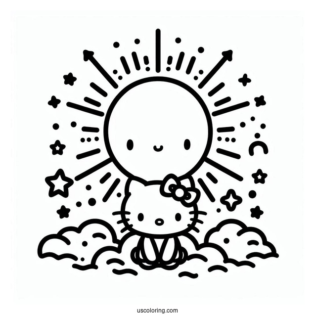 Simple Sun Shining Down On Hello Kitty Coloring Page For Kids