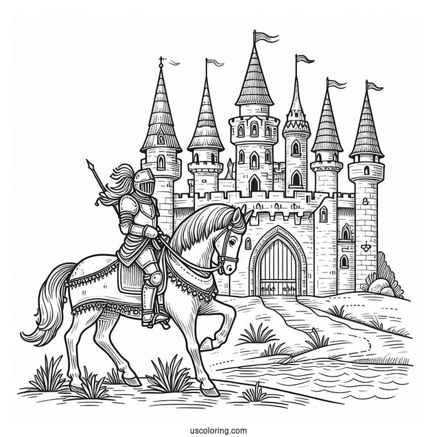 Knight On A Horse Riding To A Castle Coloring Page