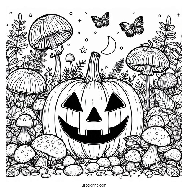Pumpkin Coloring Page Of Creepy Jack O Lantern Surrounded By Mushrooms In The Garden