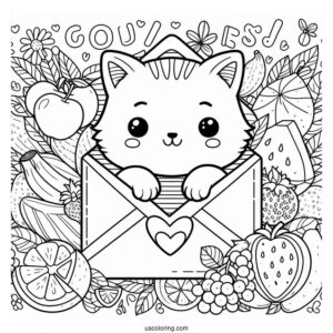 Cute Coloring Page Cat Inside An Envelope Surrounded By Fruits And Letters