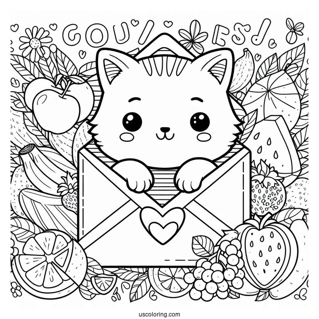 Cute Coloring Page Cat Inside An Envelope Surrounded By Fruits And Letters