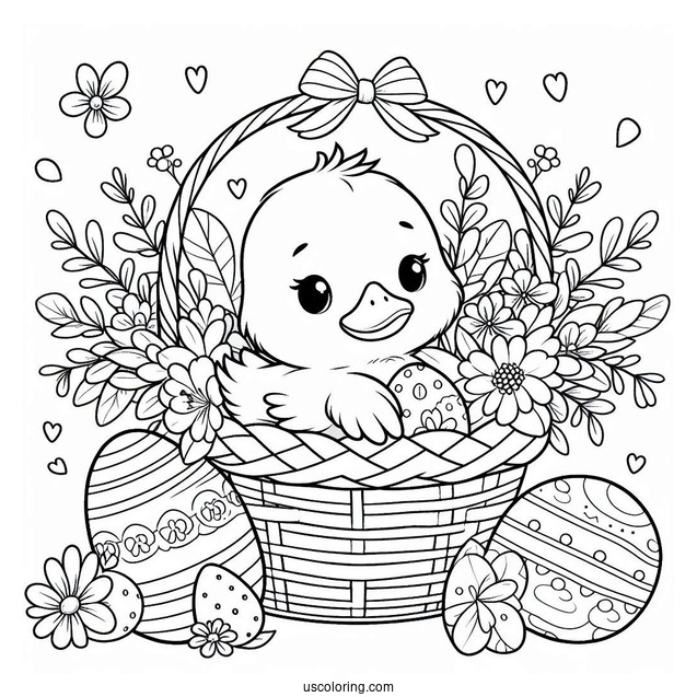 Easter Coloring Page Of Duck Inside Flower Basket With Easter Eggs