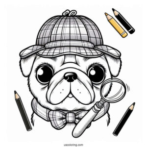 Detective Pug Coloring Page with Magnifying Glass