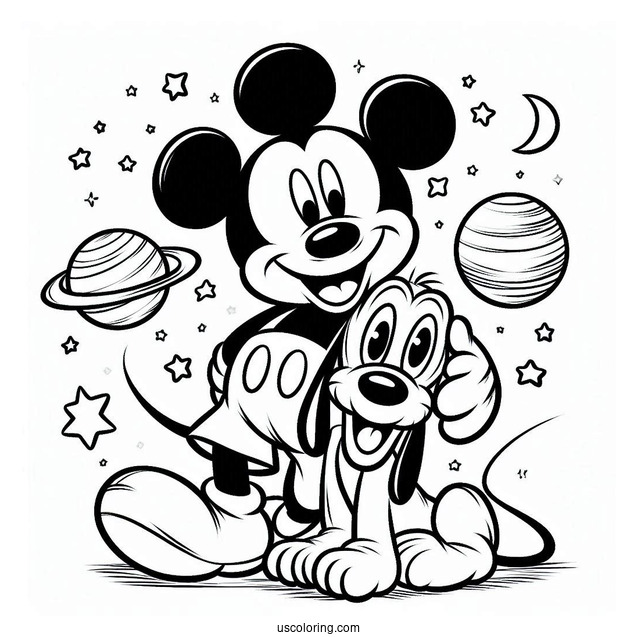 Mickey Mouse With Arm Around Pluto Coloring Page
