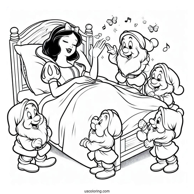 Snow White In Bed Being Woken Up By The Seven Dwarfs