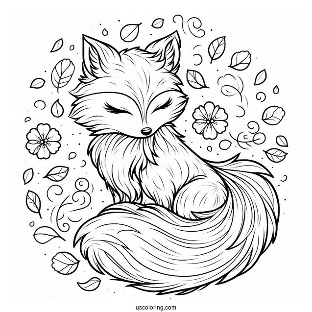 Fluffy Fox Coloring Page With Petals In Background