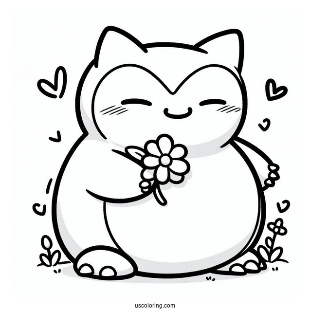 Kawaii Snorlax Coloring Page Holding Flower For Kids