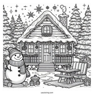 Christmas Coloring Pages For Adults Of Realistic Cabin In Winter With Snowman Outside Coloring Sheet