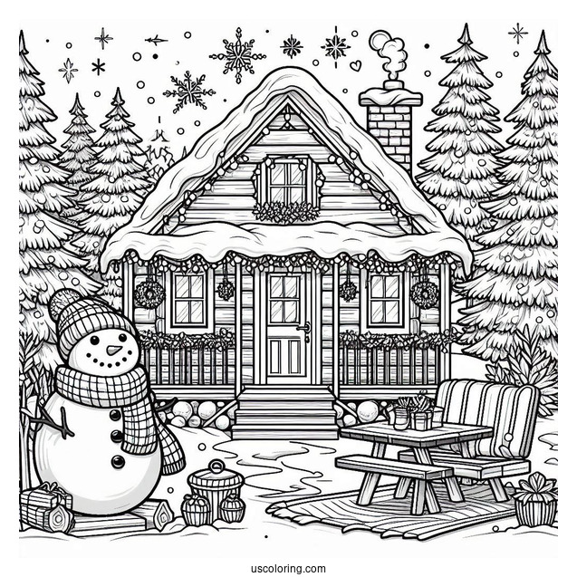 Christmas Coloring Pages For Adults Of Realistic Cabin In Winter With Snowman Outside Coloring Sheet