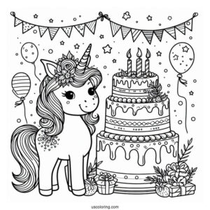 Unicorn Birthday Cake Coloring In For Kids