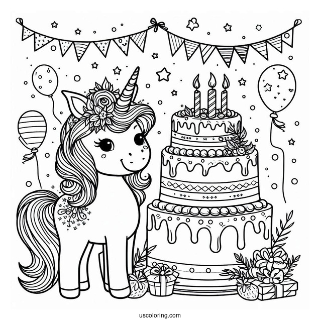 Unicorn Birthday Cake Coloring In For Kids
