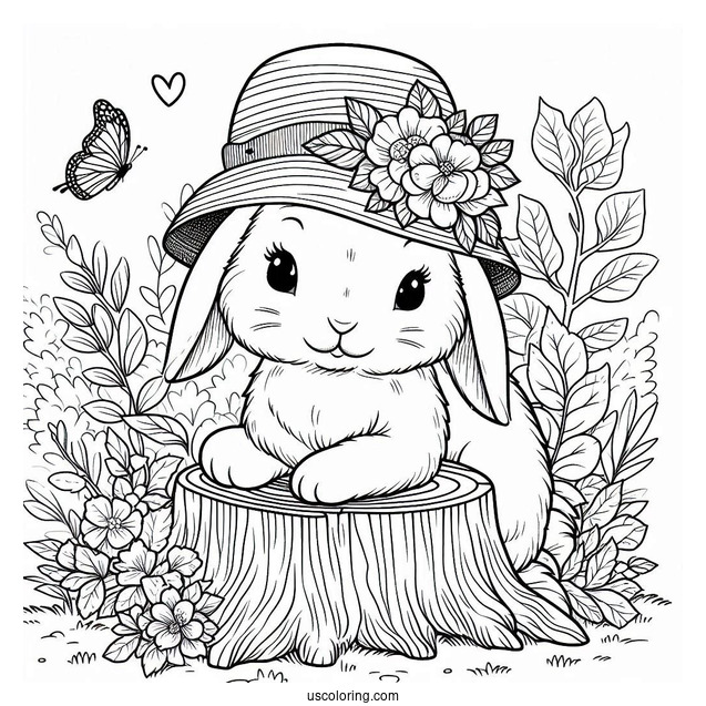 Rabbit Coloring Page With A Hat Sitting On A Tree Stump