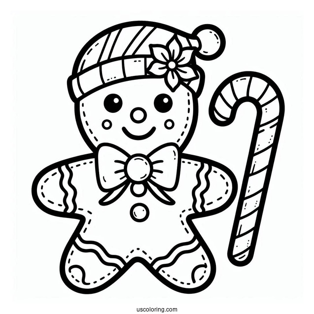 Gingerbread Man With Candy Cane Coloring Page For Preschoolers