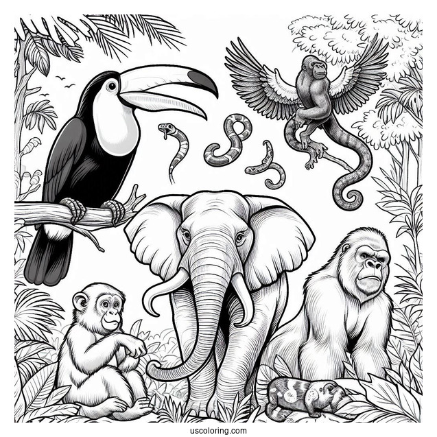 Realistic Toucan, Tiger, Snake, Gorilla, Elephant, And Monkey In Jungle Coloring Page