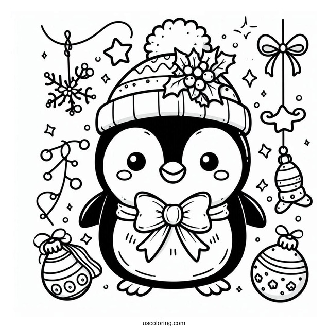 Cute Christmas Penguin With Decorations Coloring