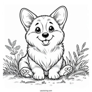 Happy Corgi Coloring Page Sitting On Grass