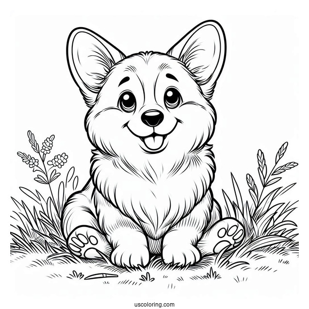 Happy Corgi Coloring Page Sitting On Grass