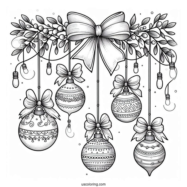 Bulbs Hanging From Mistletoes With Bows Christmas Ornaments Coloring Page