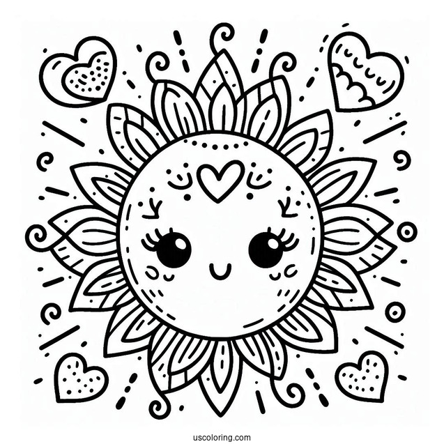 Adorable Summer Coloring Page Of Sun With Love Heart Sunrays For Preschoolers