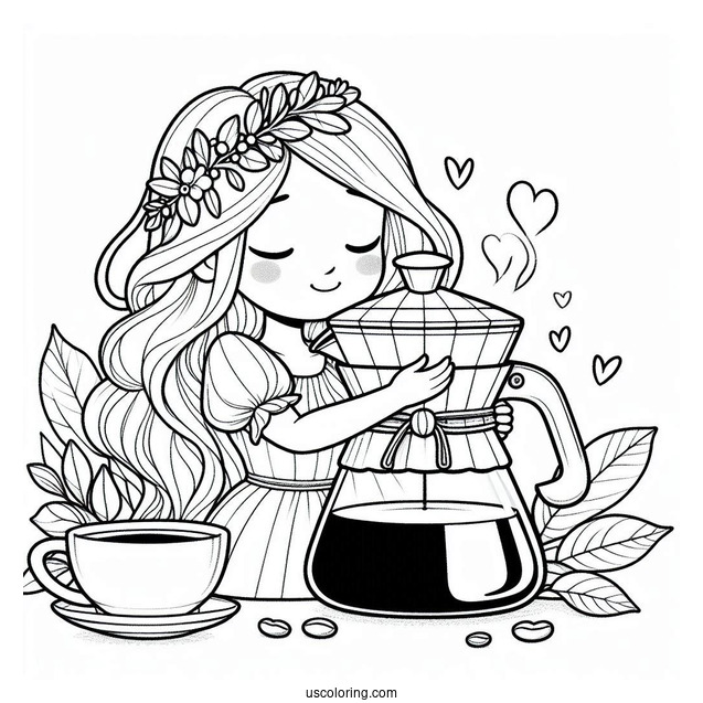 Coffee Coloring Pages Of Easy Woman Hugging Chemex Coffee Maker For Kids