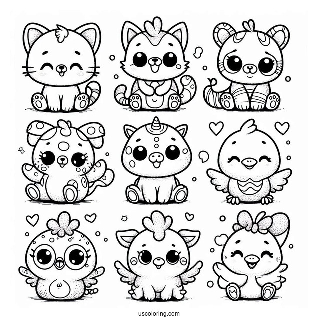 Smiling Critters Coloring Page Of CatNap, DogDay, Bobby BearHug, Bubba Bubbaphant, CraftyCorn, Hoppy Hopscotch, KickinChicken, And PickyPiggy