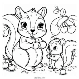 Mother And Son Cartoon Squirrel Coloring Page Eating Cherrie