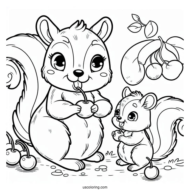 Mother And Son Cartoon Squirrel Coloring Page Eating Cherrie