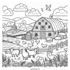 Coloring Page Of a Farm With Fields And Animals