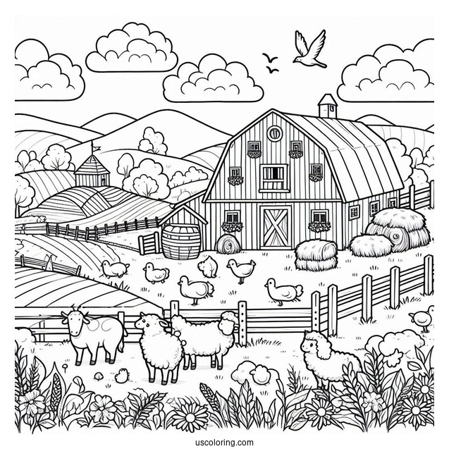 Coloring Page Of a Farm With Fields And Animals