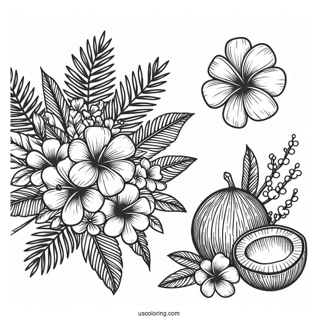 Full Page Flowers And Coconut Coloring Page