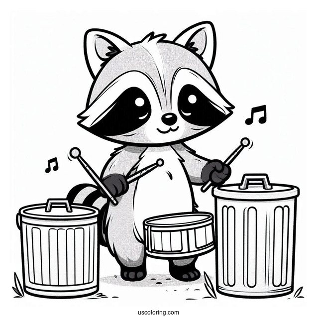 Raccoon Coloring Page Playing Drums With Trash Bins