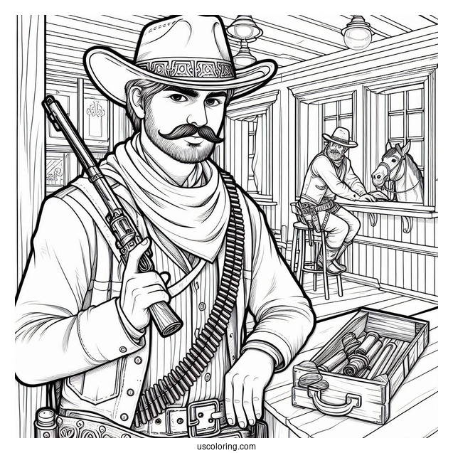 Realistic Cowboy Coloring Page With Gun In Saloon