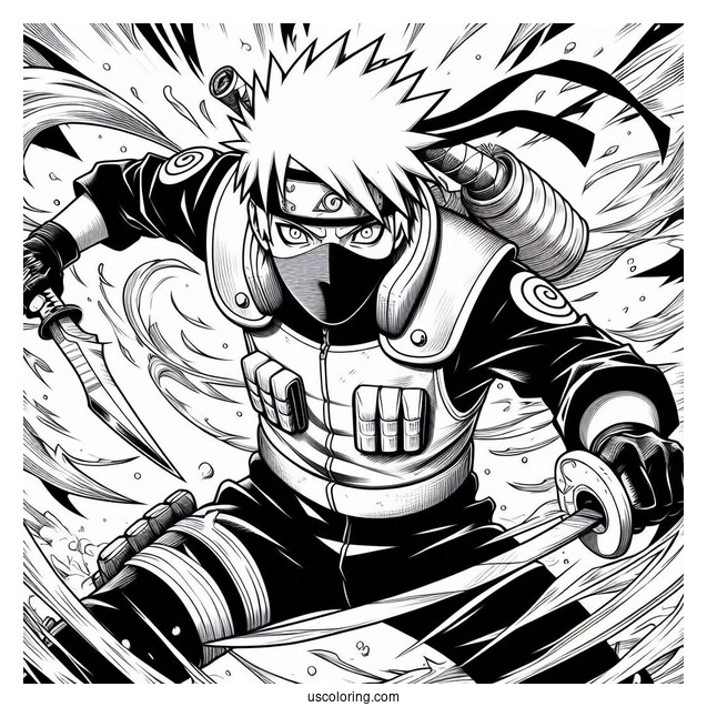 Kakashi Coloring Page Using Kunai And Chidori In Battle