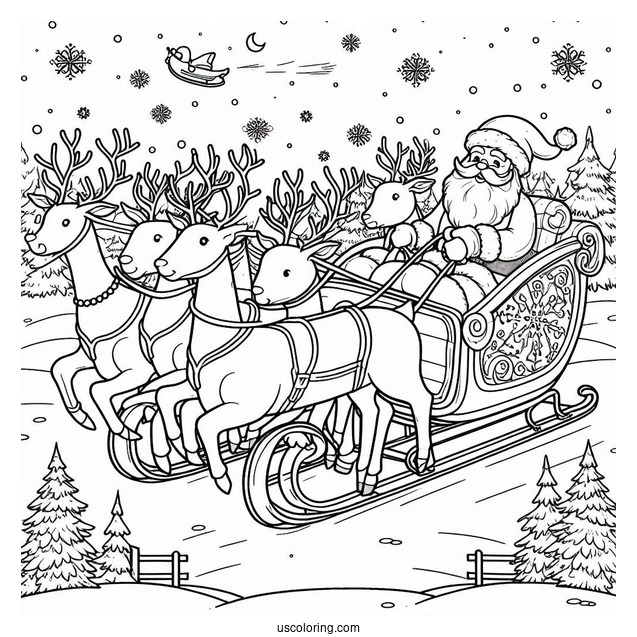 Santa In His Sleigh With Reindeer To Color