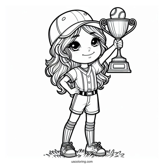 Young Baseball Coloring Page Of Champion Holding Trophy For Kids