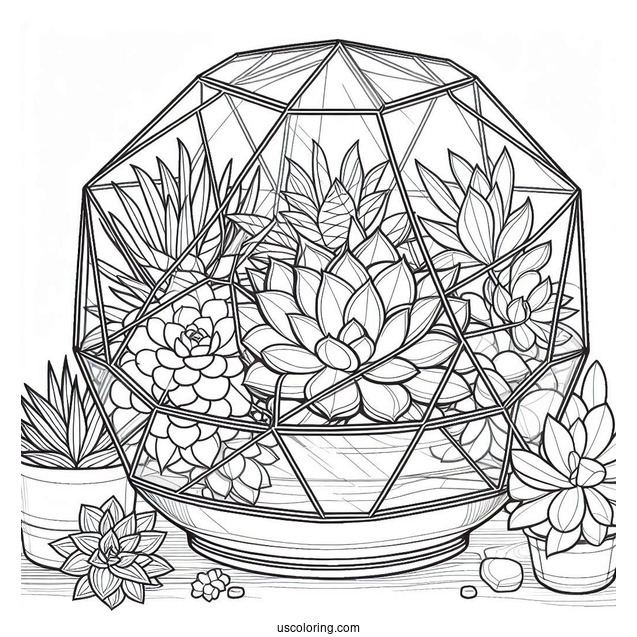 Succulent Coloring Page In Geometric Glass Terrarium