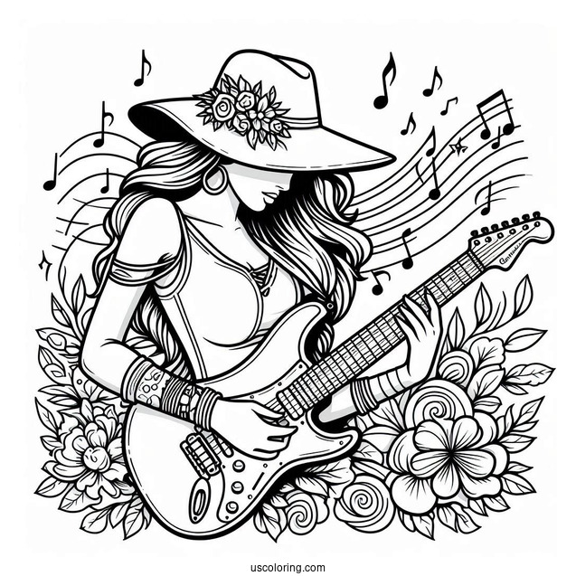 Music Coloring Page Of Woman In Hat Playing Electric Guitar