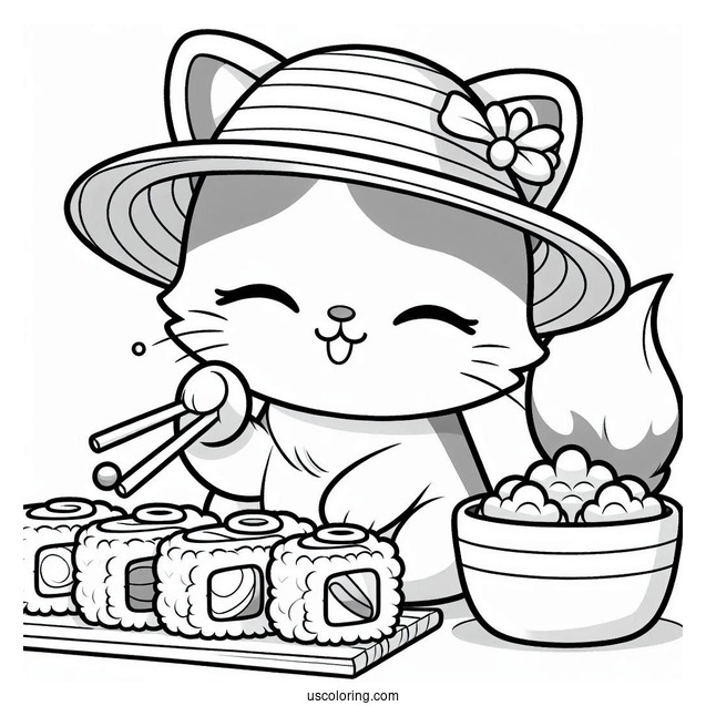 Cat Wearing A Hat While Eating Sushi Coloring Pages