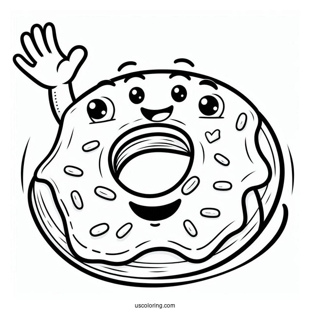 Smiling Cartoon Donut Coloring Page Waving Hand For Kids