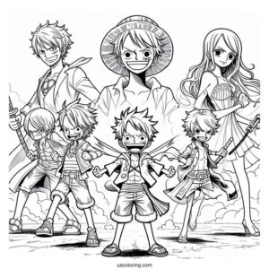 One Piece Coloring Page Of Luffy, Zoro, Sanji, Usopp, And Nami For Kids