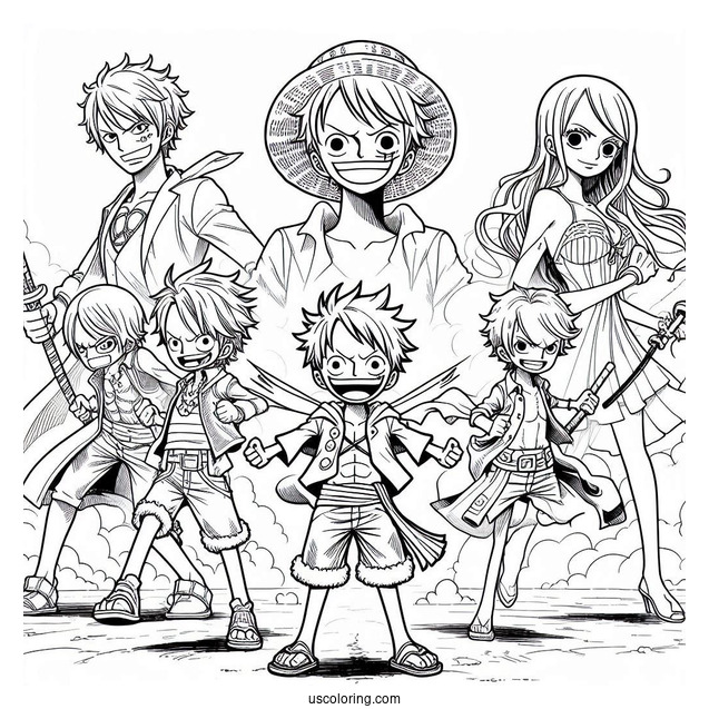One Piece Coloring Page Of Luffy, Zoro, Sanji, Usopp, And Nami For Kids