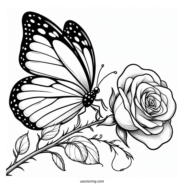 Butterfly Resting On Rose Stem