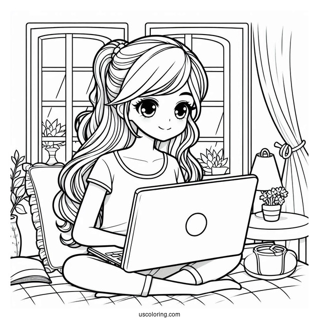 Little Girl Watching On Her Laptop While Lounging In Her Bedroom Coloring Page