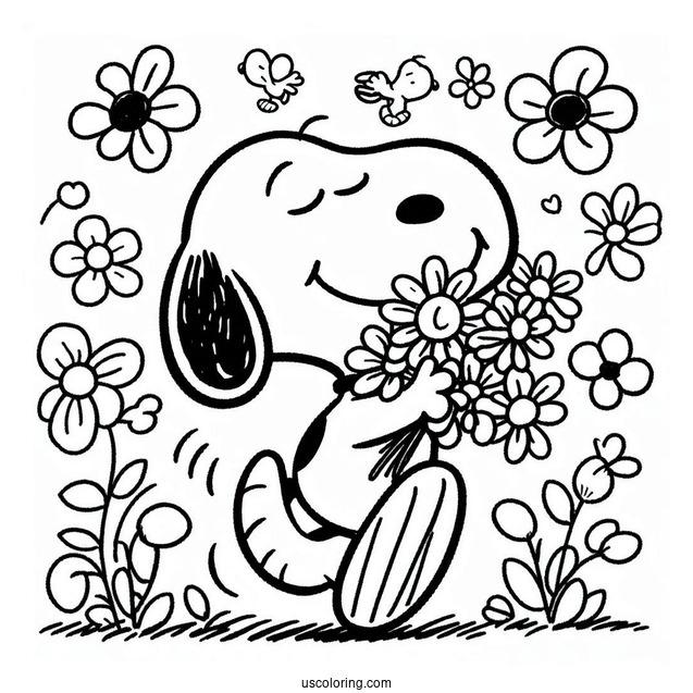 Smiling Snoopy With Flowers Coloring Picture