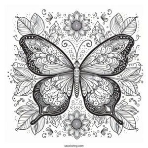 Complex Butterfly Coloring Page And Flower Mandala