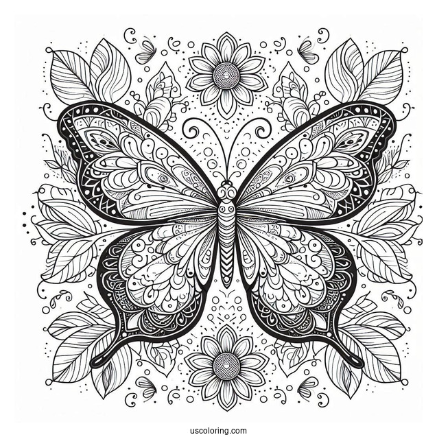 Complex Butterfly Coloring Page And Flower Mandala