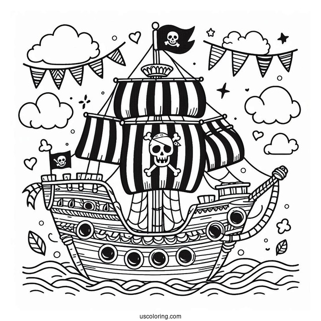 Super Cute Pirate Ship Coloring Page For Preschoolers