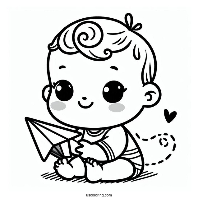 Easy Baby Coloring Page Holding A Paper Airplane