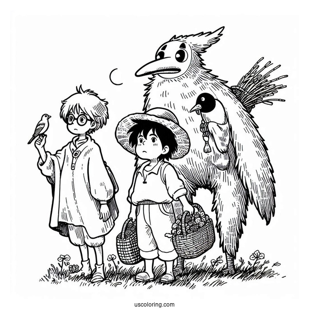 Studio Ghibli Coloring Page of Markl, Hin, and Scarecrow From Howl s Moving Castle